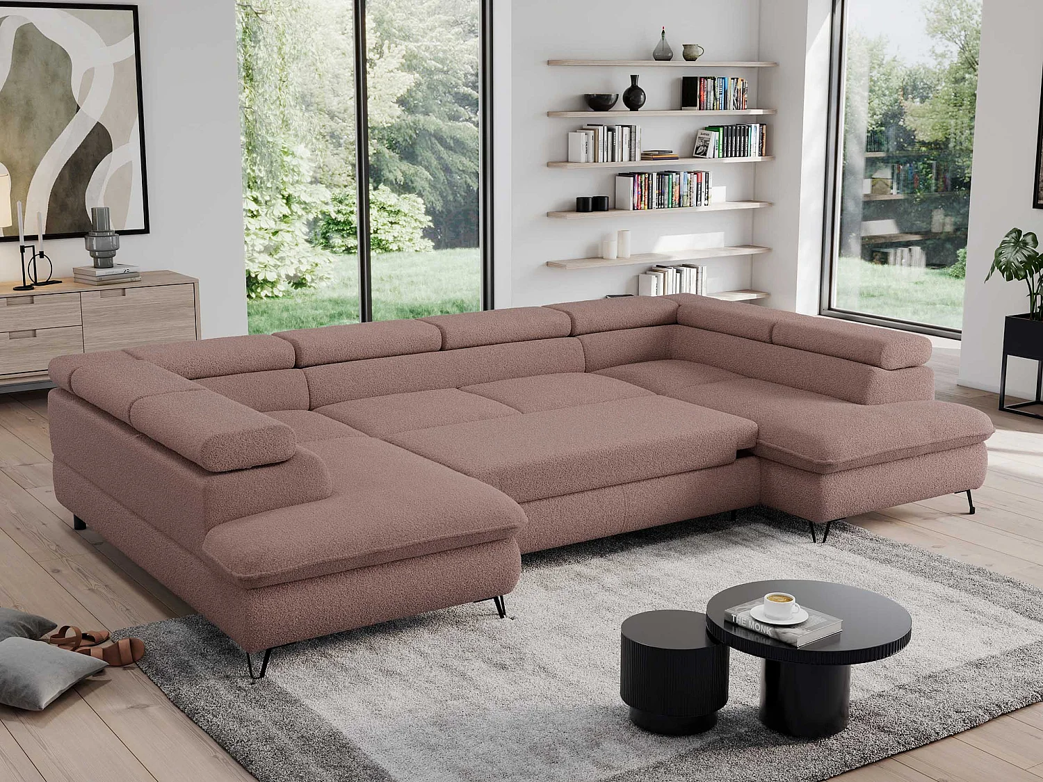 Ecksofa PEDRO U - XXL U-förmige Ecke, schlaffunktion und Bettkästen - Rosa Boucle