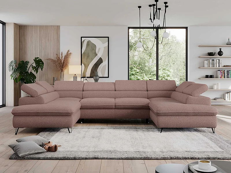 Ecksofa PEDRO U - XXL U-förmige Ecke, schlaffunktion und Bettkästen - Rosa Boucle