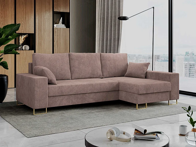 Ecksofa DORIAN - schlaffunktion und Bettkasten, lose Kissen - Rosa Cord
