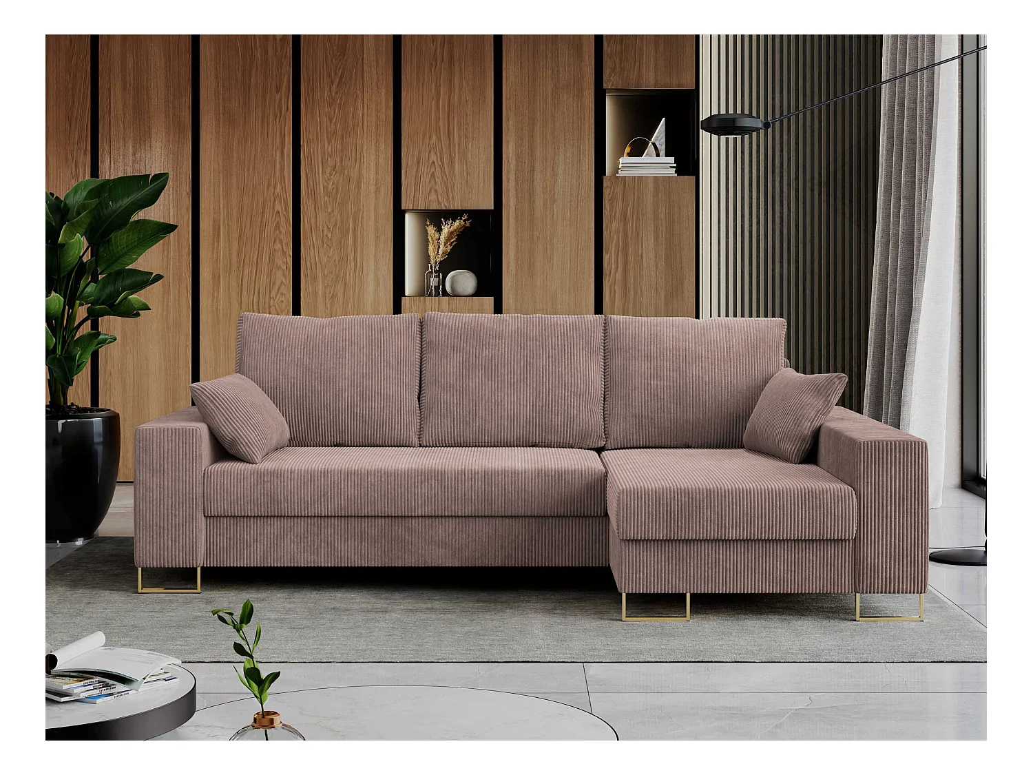 Ecksofa DORIAN - schlaffunktion und Bettkasten, lose Kissen - Rosa Cord