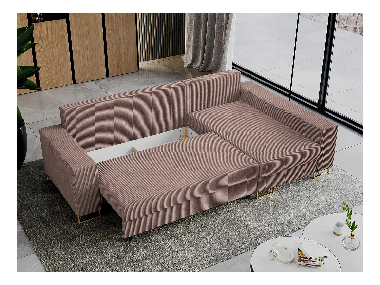 Ecksofa DORIAN - schlaffunktion und Bettkasten, lose Kissen - Rosa Cord