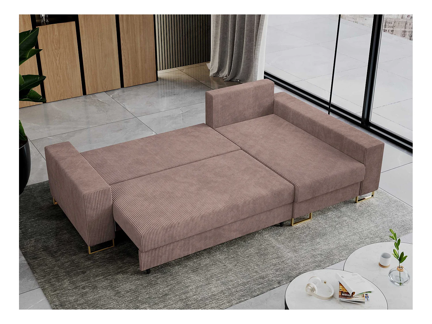 Ecksofa DORIAN - schlaffunktion und Bettkasten, lose Kissen - Rosa Cord