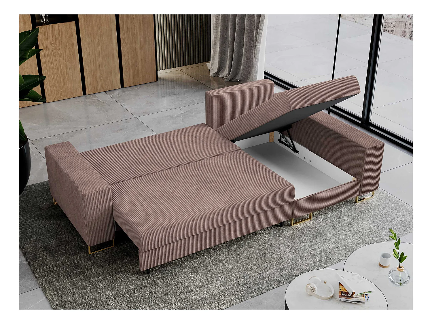 Ecksofa DORIAN - schlaffunktion und Bettkasten, lose Kissen - Rosa Cord