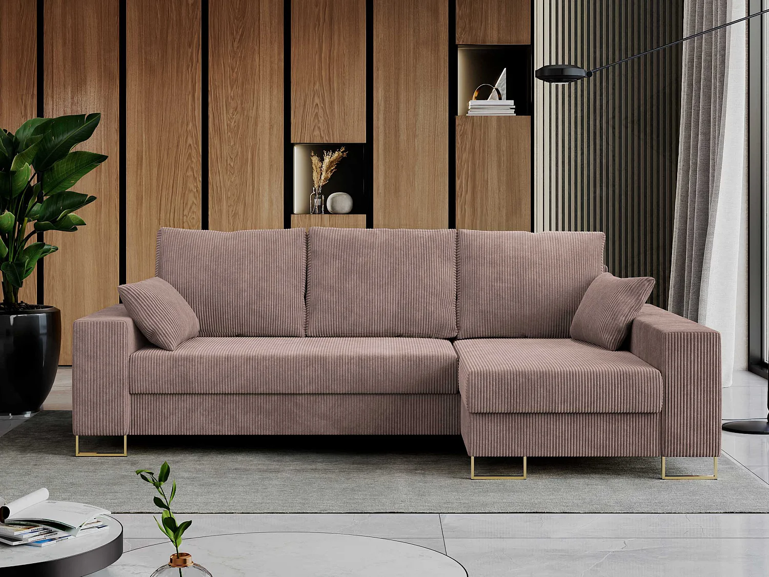 Ecksofa DORIAN - schlaffunktion und Bettkasten, lose Kissen - Rosa Cord