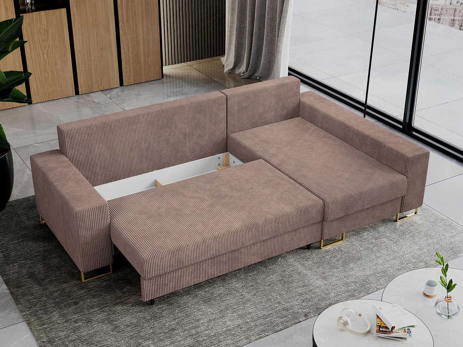 Ecksofa DORIAN - schlaffunktion und Bettkasten, lose Kissen - Rosa Cord