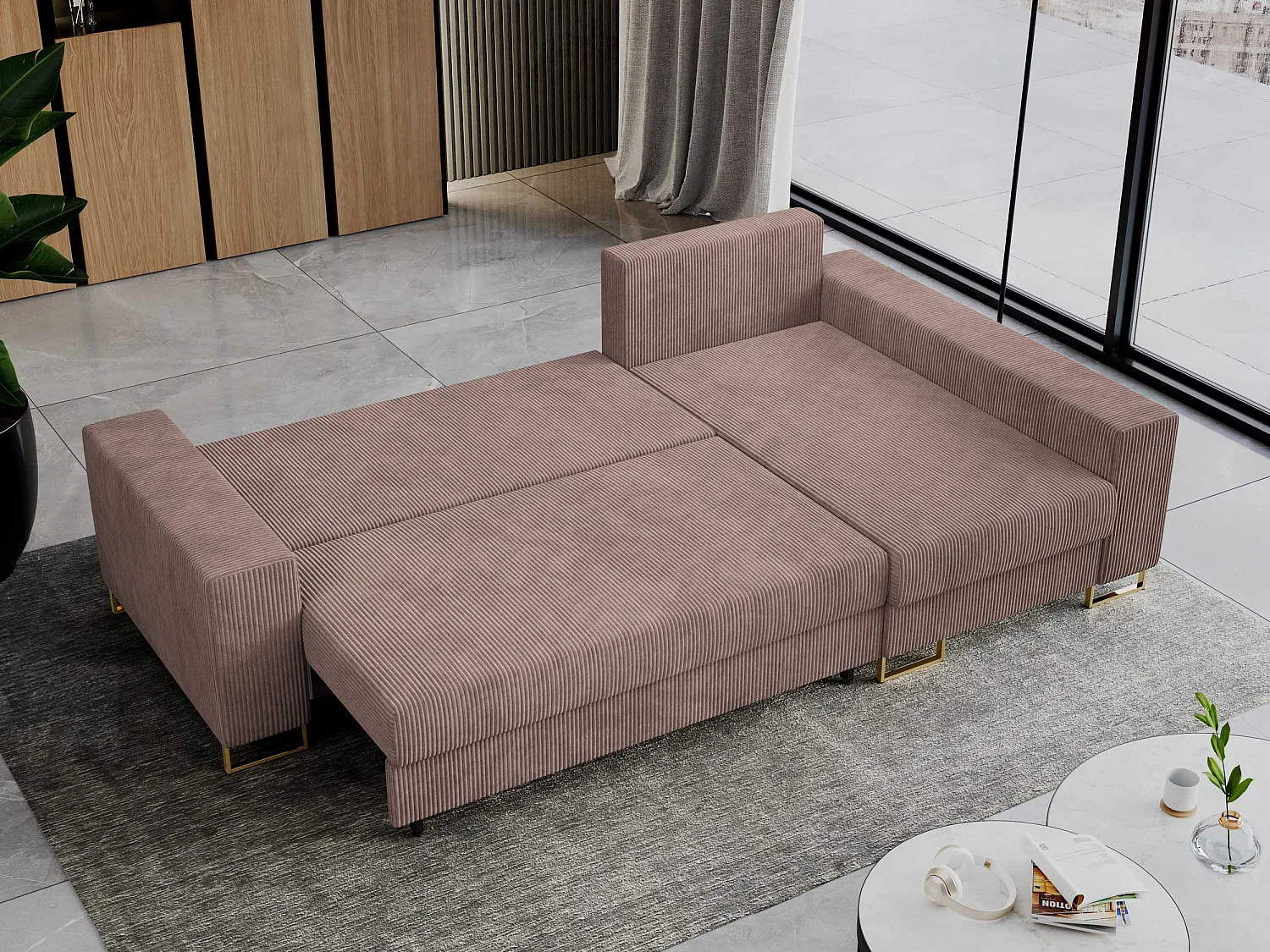Ecksofa DORIAN - schlaffunktion und Bettkasten, lose Kissen - Rosa Cord