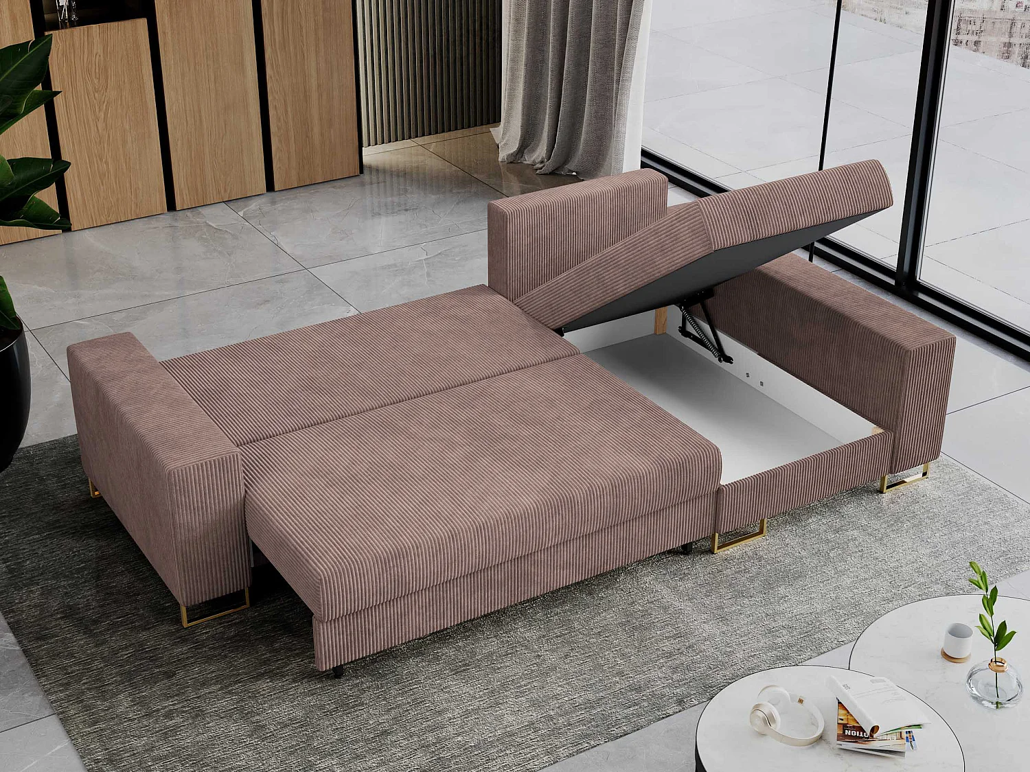 Ecksofa DORIAN - schlaffunktion und Bettkasten, lose Kissen - Rosa Cord