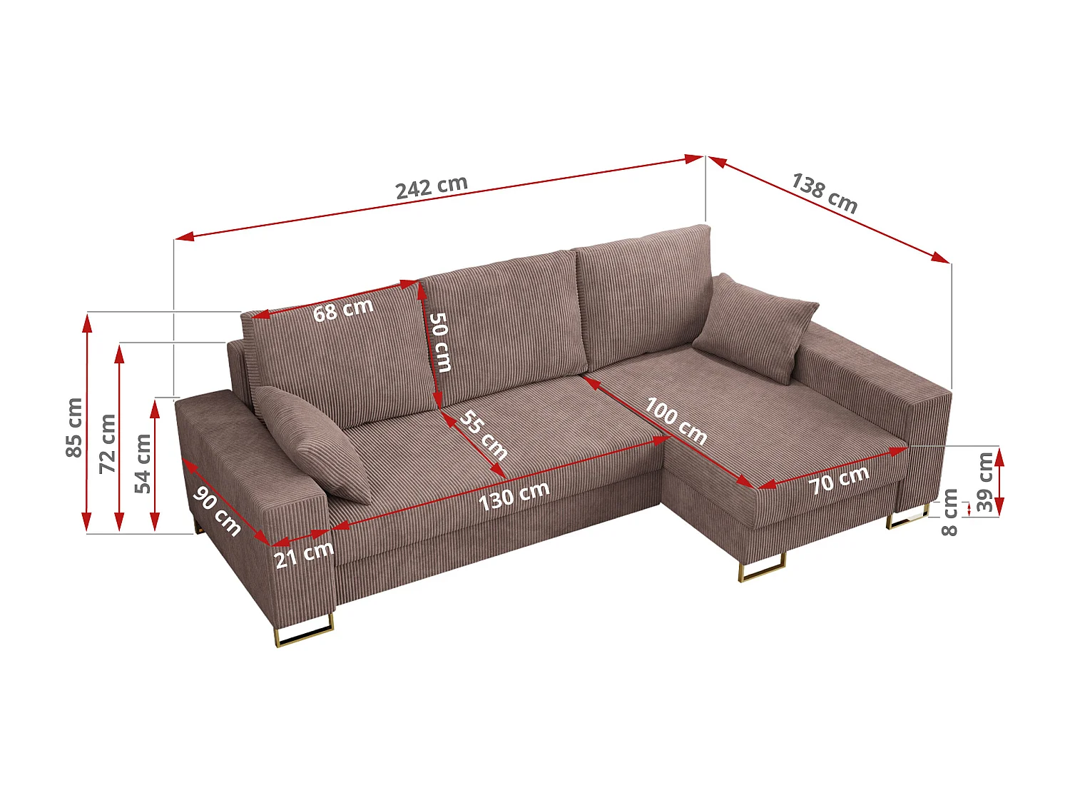 Ecksofa DORIAN - schlaffunktion und Bettkasten, lose Kissen - Rosa Cord