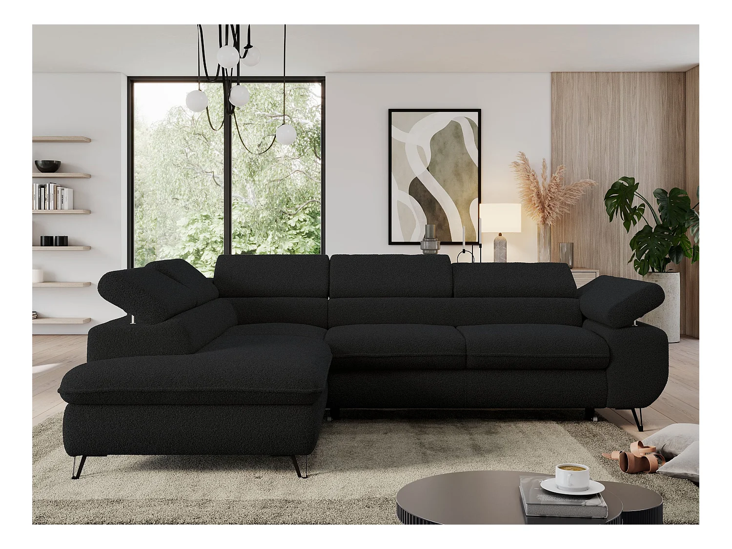 Ecksofa PEDRO - L-Form mit Schlaffunktion 200x125 cm, verstellbaren Kopfstützen - Schwarz Boucle - Ecke Links