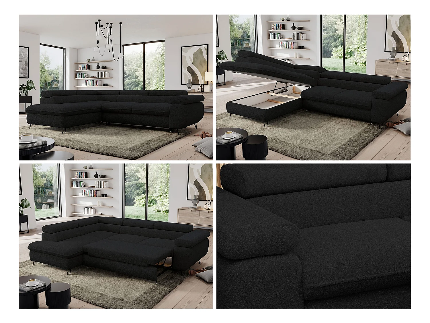 Ecksofa PEDRO - L-Form mit Schlaffunktion 200x125 cm, verstellbaren Kopfstützen - Schwarz Boucle - Ecke Links