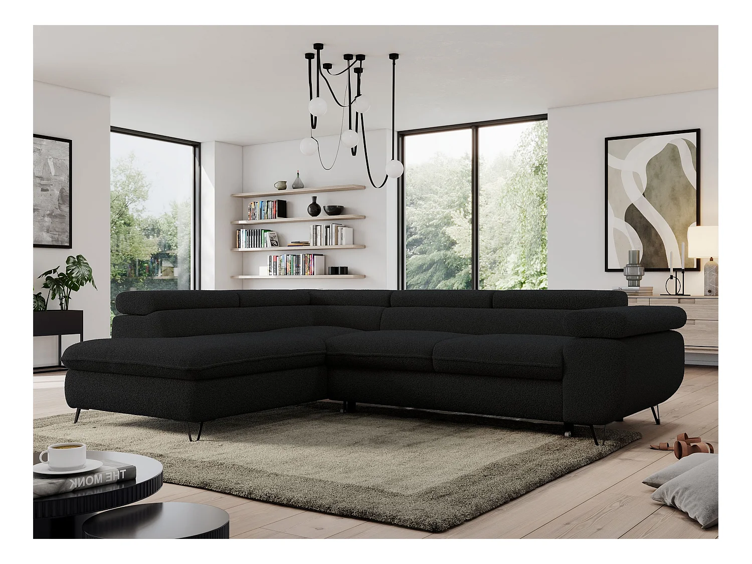 Ecksofa PEDRO - L-Form mit Schlaffunktion 200x125 cm, verstellbaren Kopfstützen - Schwarz Boucle - Ecke Links