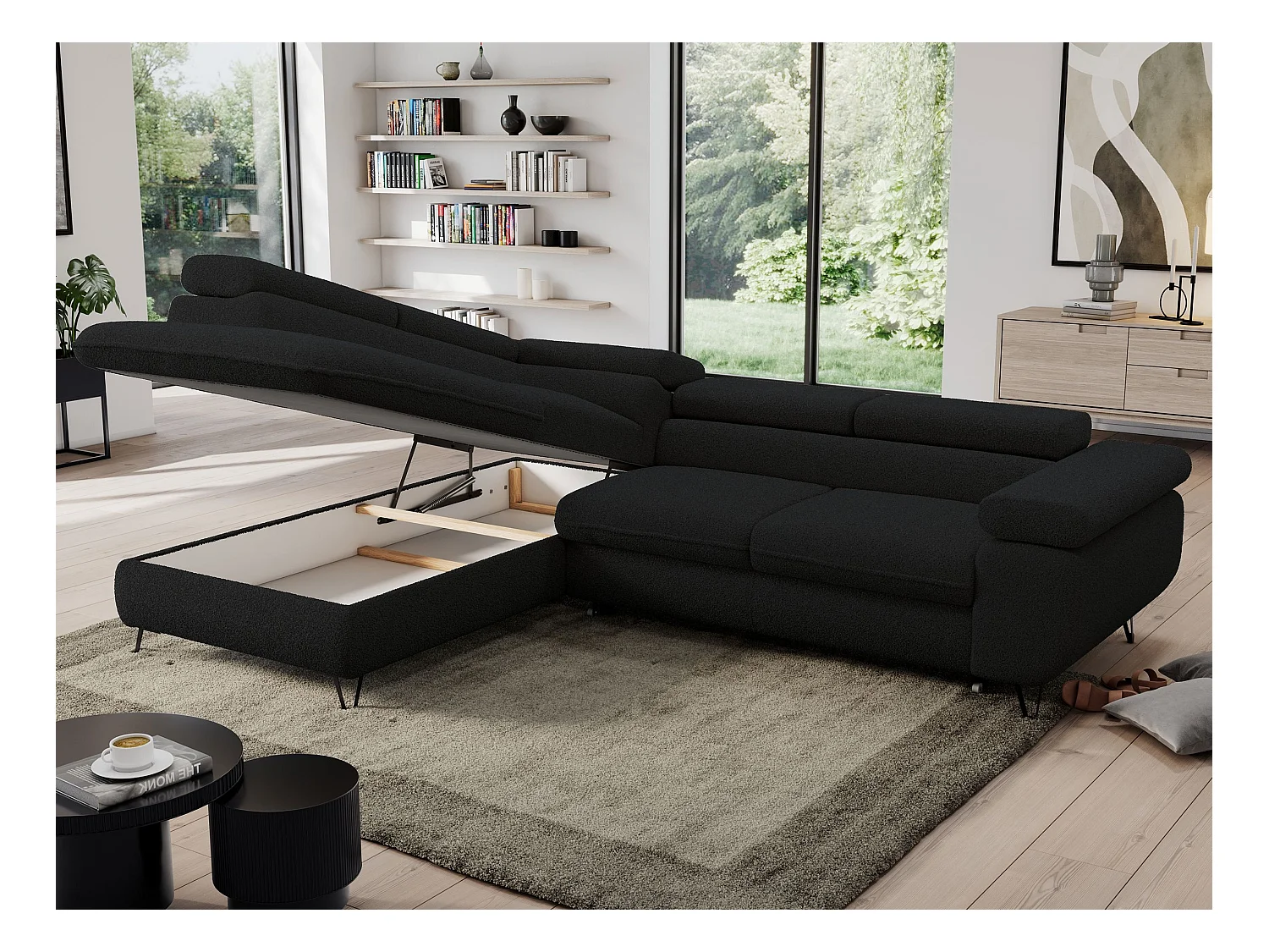 Ecksofa PEDRO - L-Form mit Schlaffunktion 200x125 cm, verstellbaren Kopfstützen - Schwarz Boucle - Ecke Links