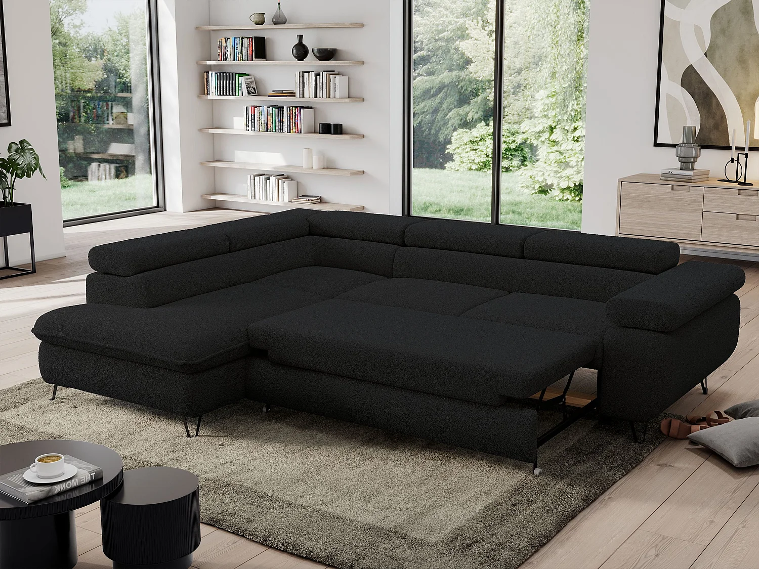 Ecksofa PEDRO - L-Form mit Schlaffunktion 200x125 cm, verstellbaren Kopfstützen - Schwarz Boucle - Ecke Links
