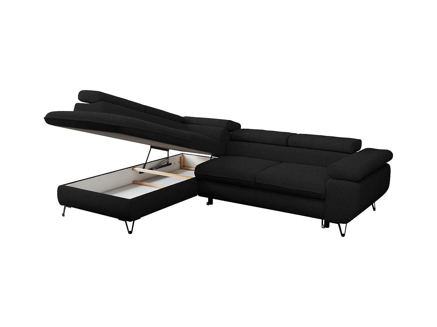 Ecksofa PEDRO - L-Form mit Schlaffunktion 200x125 cm, verstellbaren Kopfstützen - Schwarz Boucle - Ecke Links