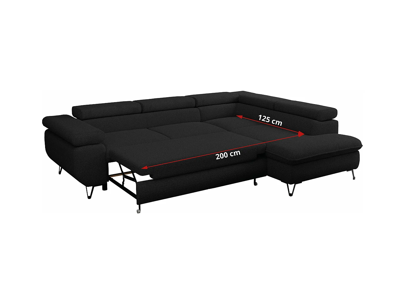 Ecksofa PEDRO - L-Form mit Schlaffunktion 200x125 cm, verstellbaren Kopfstützen - Schwarz Boucle - Ecke Links