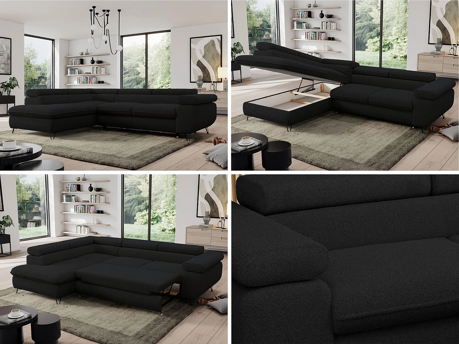 Ecksofa PEDRO - L-Form mit Schlaffunktion 200x125 cm, verstellbaren Kopfstützen - Schwarz Boucle - Ecke Links
