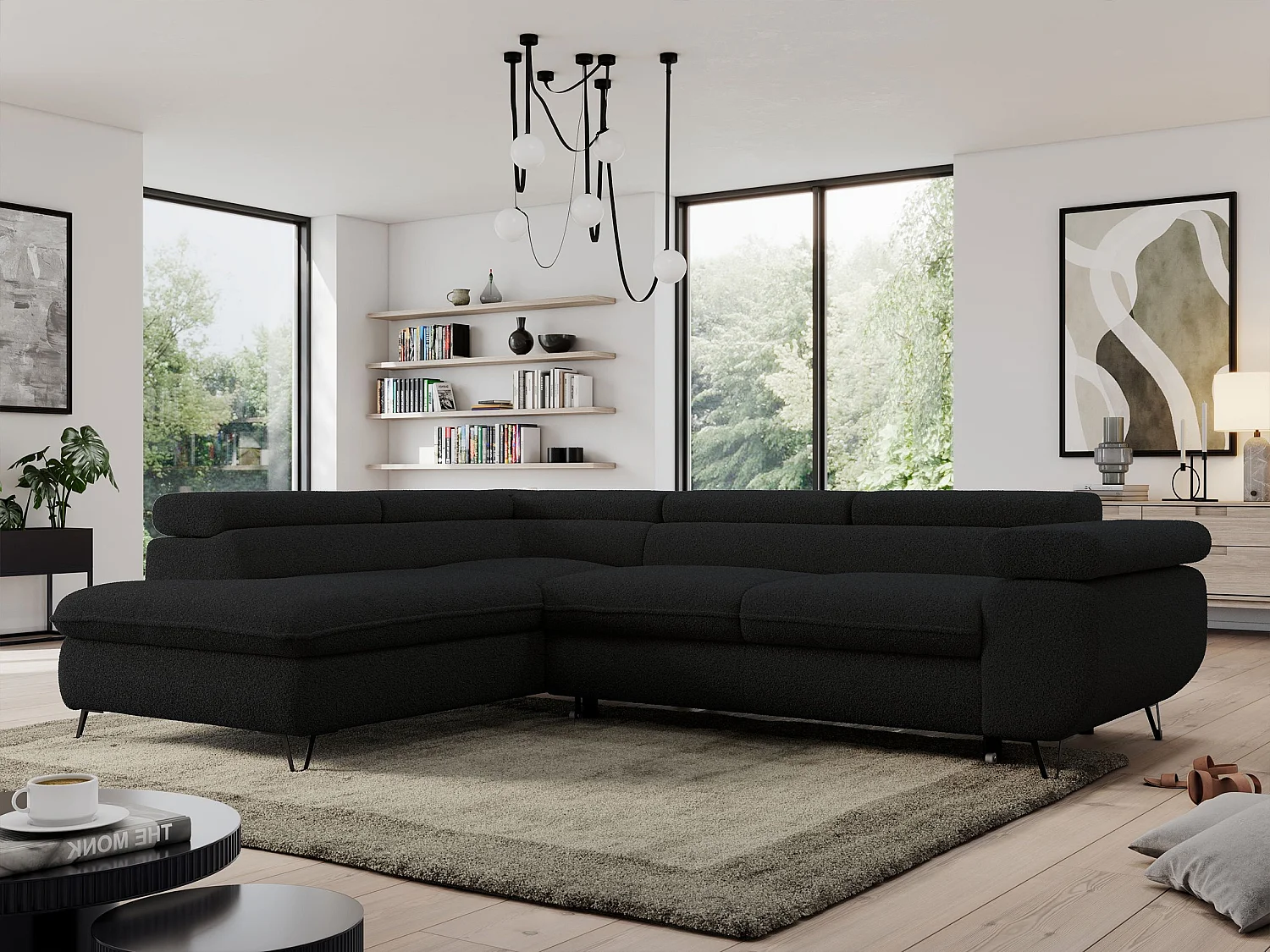 Ecksofa PEDRO - L-Form mit Schlaffunktion 200x125 cm, verstellbaren Kopfstützen - Schwarz Boucle - Ecke Links