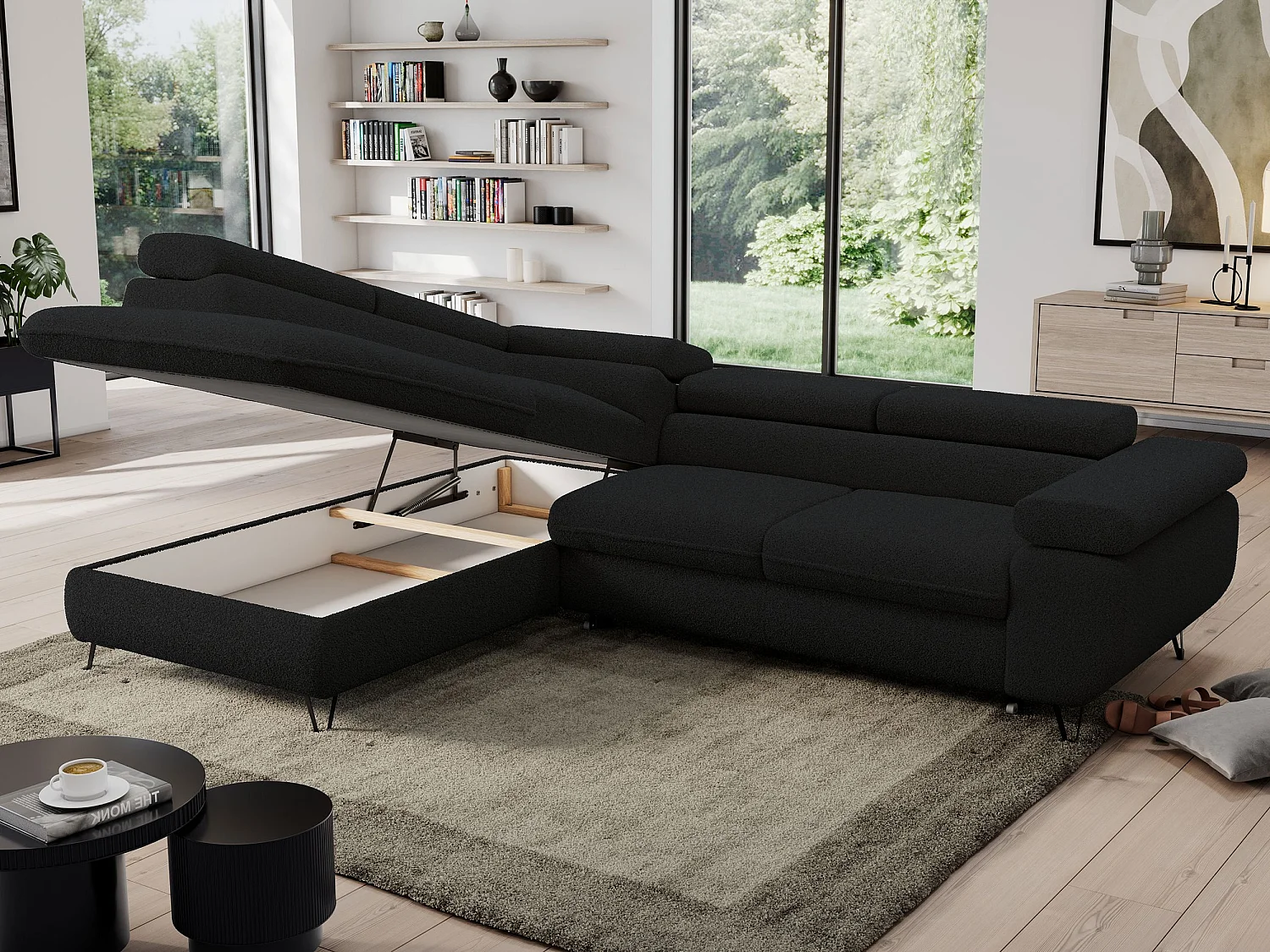 Ecksofa PEDRO - L-Form mit Schlaffunktion 200x125 cm, verstellbaren Kopfstützen - Schwarz Boucle - Ecke Links