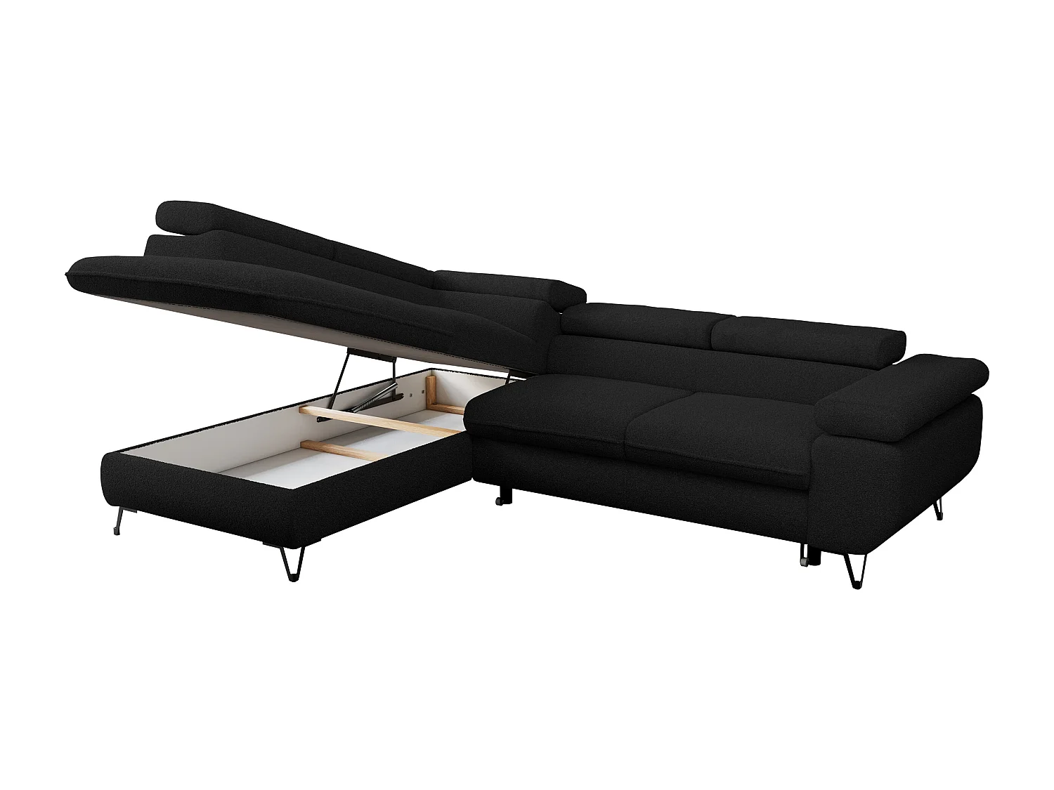 Ecksofa PEDRO - L-Form mit Schlaffunktion 200x125 cm, verstellbaren Kopfstützen - Schwarz Boucle - Ecke Links