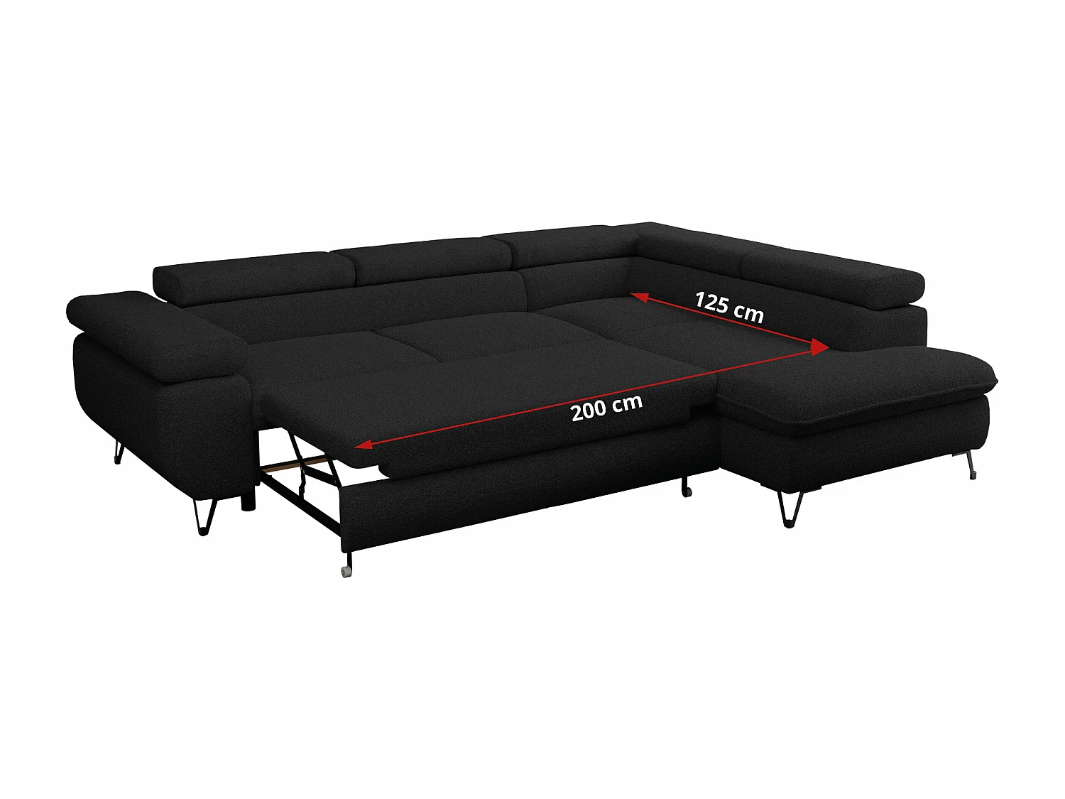 Ecksofa PEDRO - L-Form mit Schlaffunktion 200x125 cm, verstellbaren Kopfstützen - Schwarz Boucle - Ecke Links