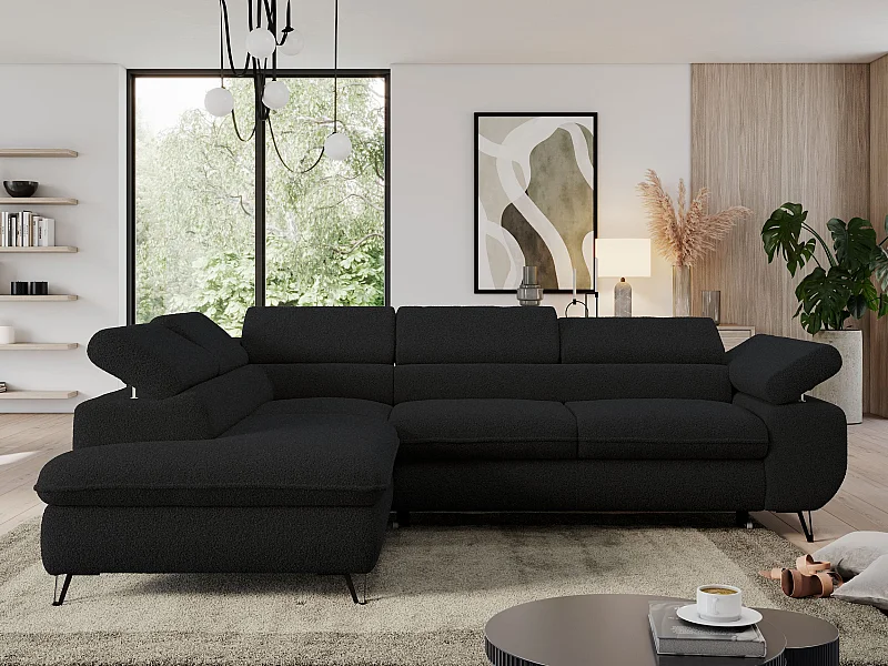 Ecksofa PEDRO - L-Form mit Schlaffunktion 200x125 cm, verstellbaren Kopfstützen - Schwarz Boucle - Ecke Links