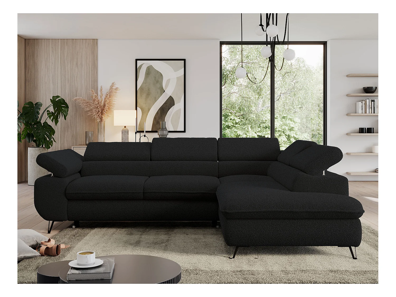 Ecksofa PEDRO - L-Form mit Schlaffunktion 200x125 cm, verstellbaren Kopfstützen - Schwarz Boucle - Ecke Rechts