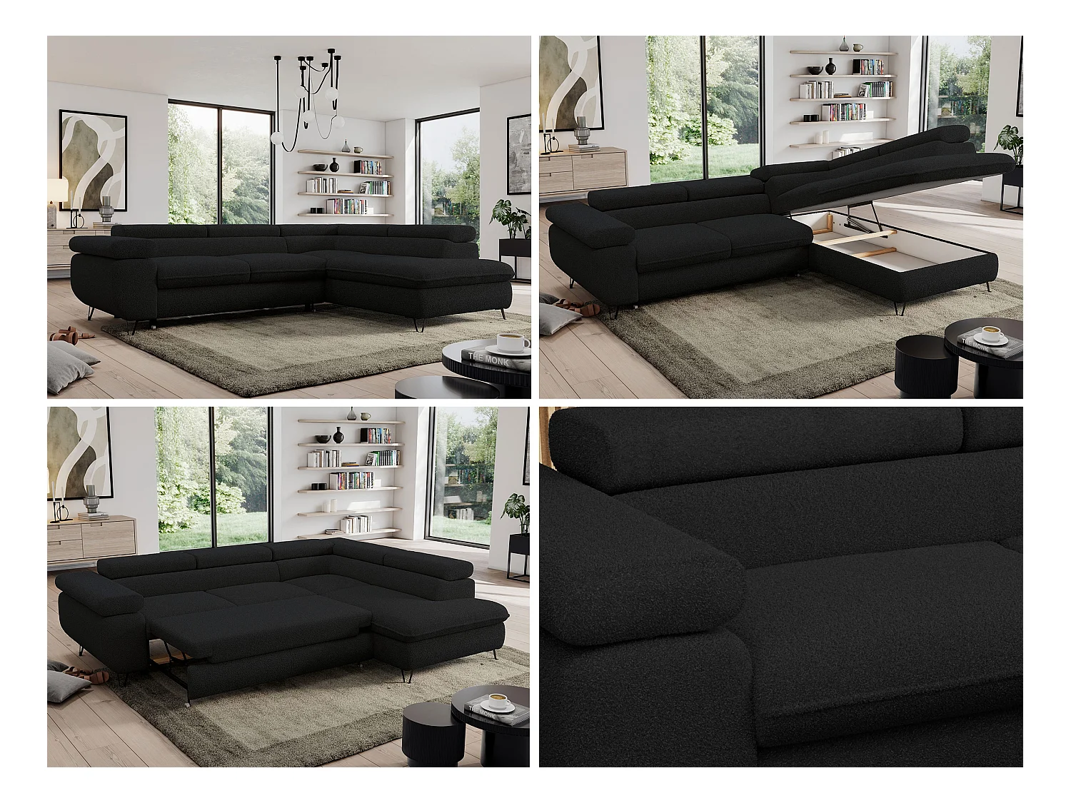 Ecksofa PEDRO - L-Form mit Schlaffunktion 200x125 cm, verstellbaren Kopfstützen - Schwarz Boucle - Ecke Rechts