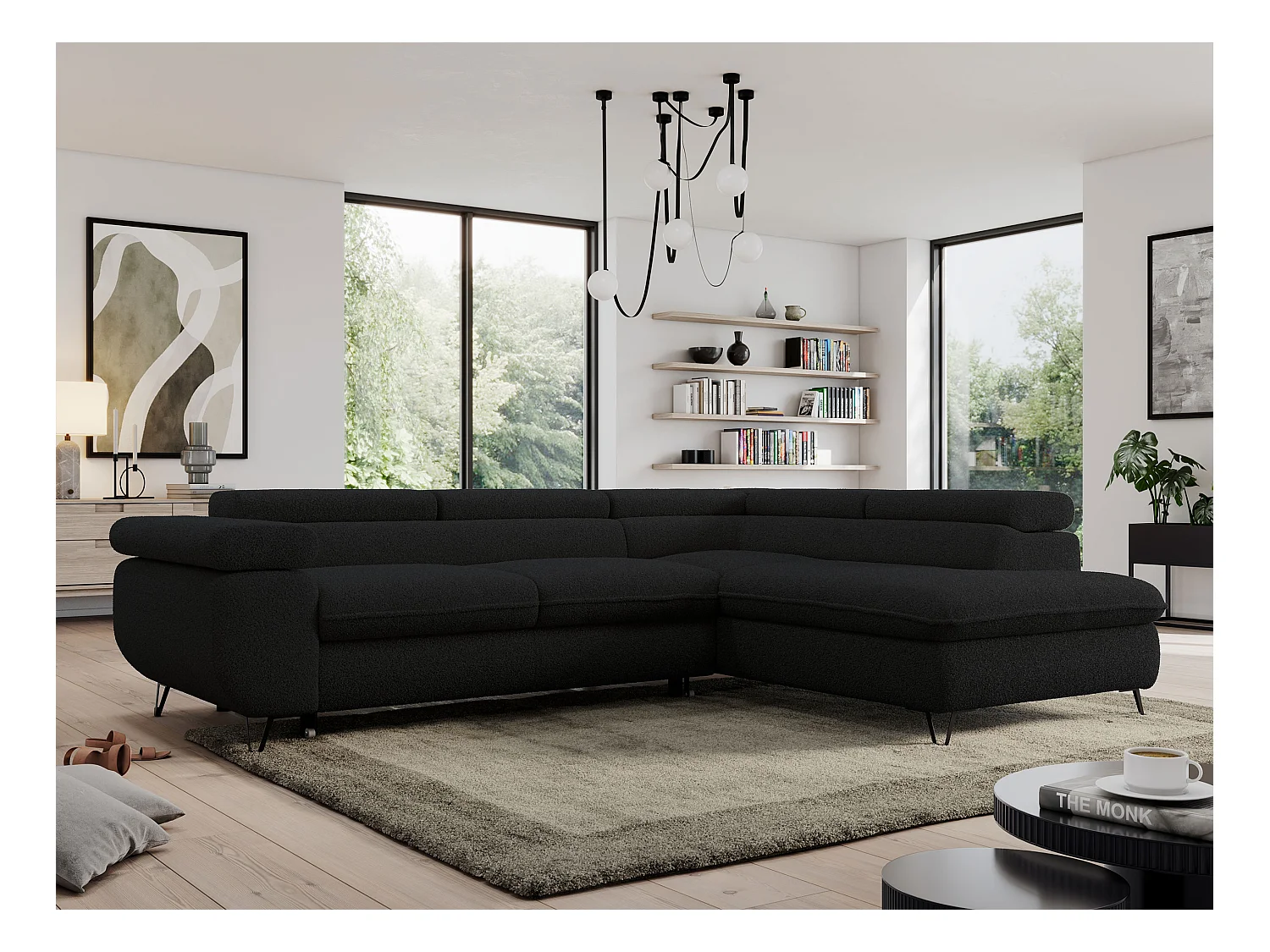Ecksofa PEDRO - L-Form mit Schlaffunktion 200x125 cm, verstellbaren Kopfstützen - Schwarz Boucle - Ecke Rechts