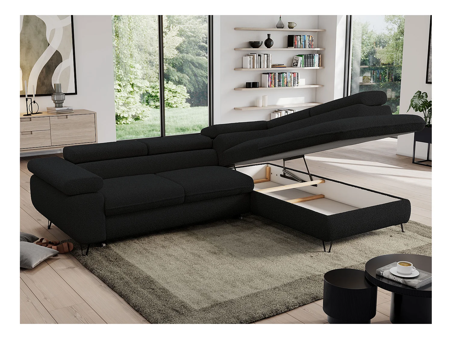 Ecksofa PEDRO - L-Form mit Schlaffunktion 200x125 cm, verstellbaren Kopfstützen - Schwarz Boucle - Ecke Rechts