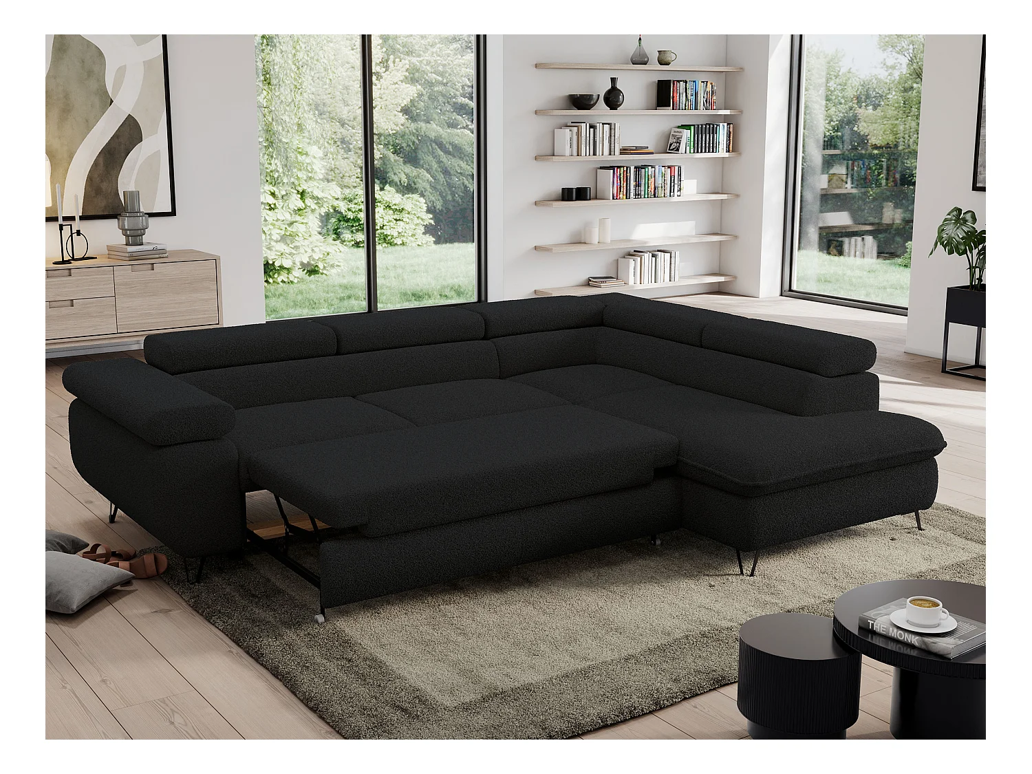 Ecksofa PEDRO - L-Form mit Schlaffunktion 200x125 cm, verstellbaren Kopfstützen - Schwarz Boucle - Ecke Rechts