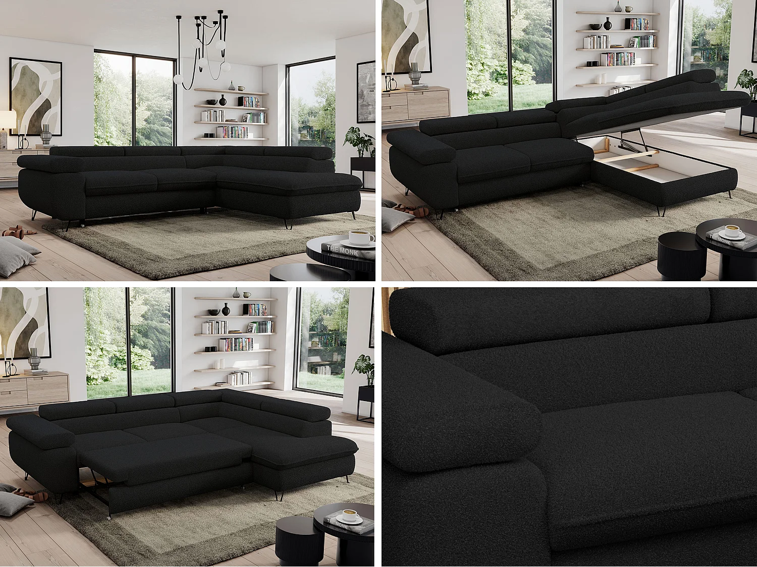 Ecksofa PEDRO - L-Form mit Schlaffunktion 200x125 cm, verstellbaren Kopfstützen - Schwarz Boucle - Ecke Rechts