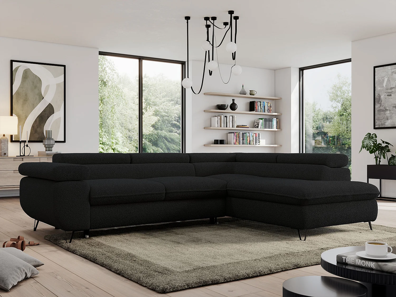 Ecksofa PEDRO - L-Form mit Schlaffunktion 200x125 cm, verstellbaren Kopfstützen - Schwarz Boucle - Ecke Rechts