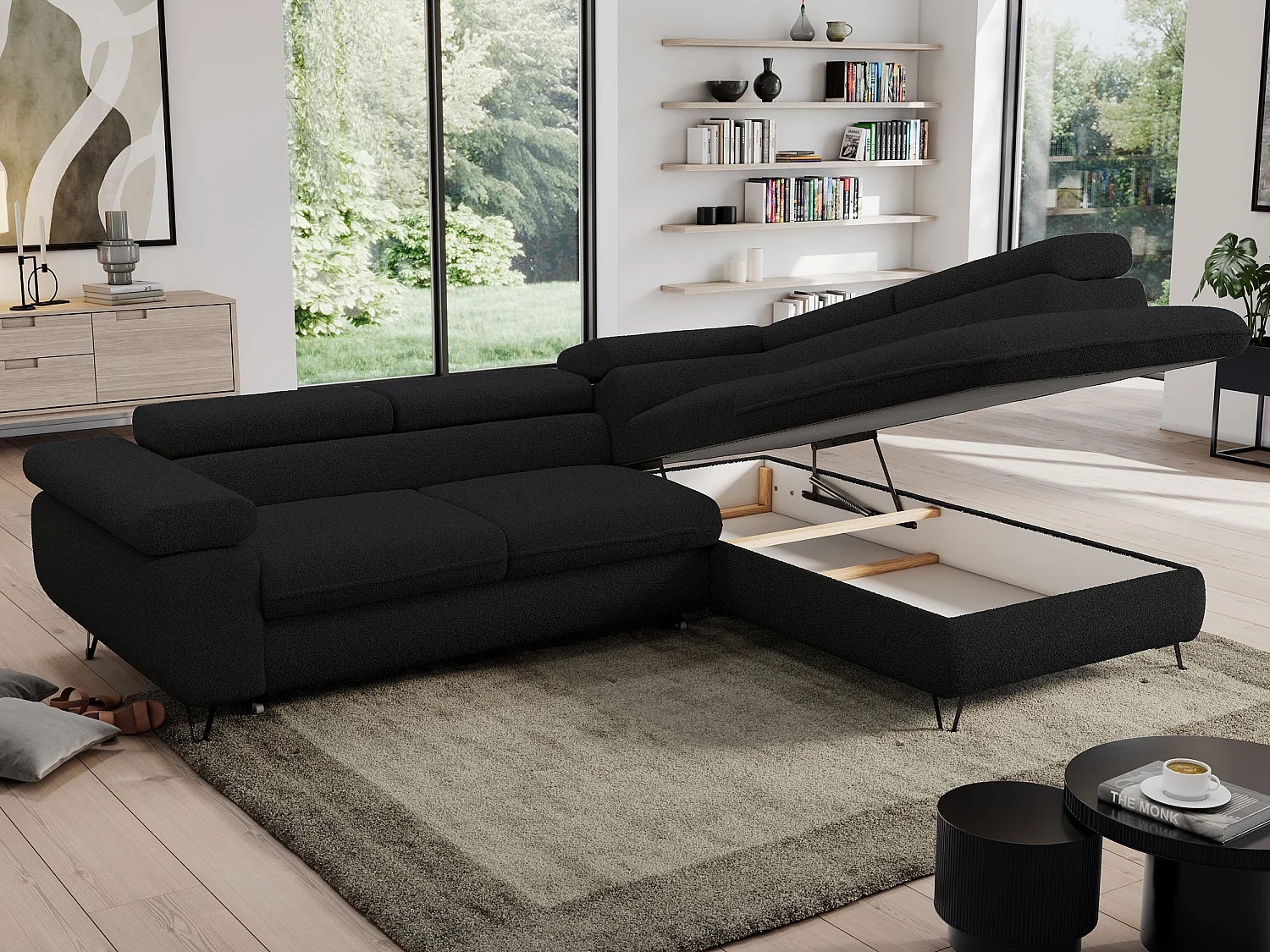 Ecksofa PEDRO - L-Form mit Schlaffunktion 200x125 cm, verstellbaren Kopfstützen - Schwarz Boucle - Ecke Rechts