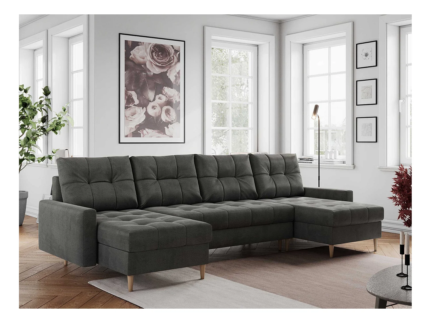 Ecksofa COLIN U mit Bettfunktion - skandinavisches design, lose Kissen - Dunkelgrau Velvet