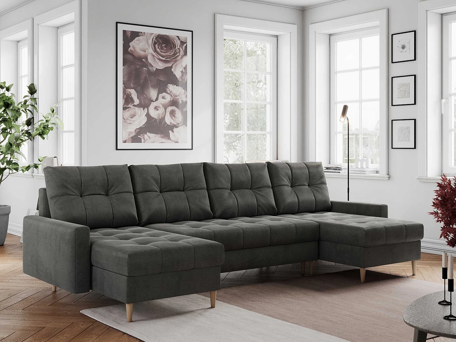 Ecksofa COLIN U mit Bettfunktion - skandinavisches design, lose Kissen - Dunkelgrau Velvet