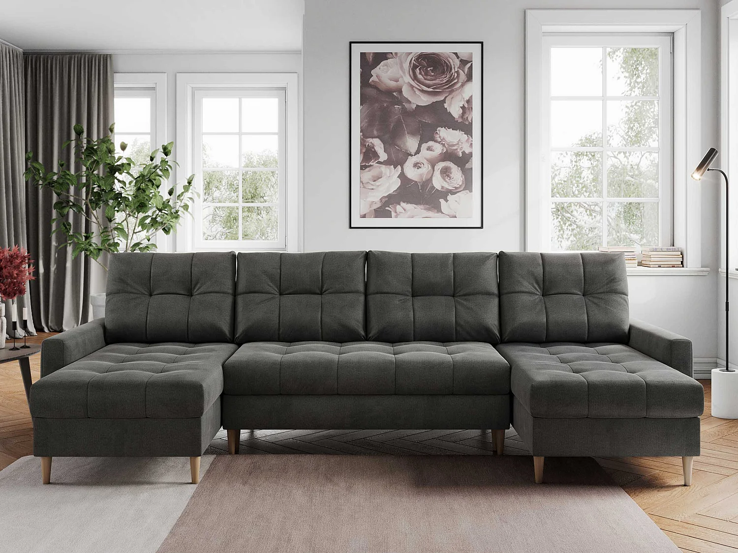 Ecksofa COLIN U mit Bettfunktion - skandinavisches design, lose Kissen - Dunkelgrau Velvet