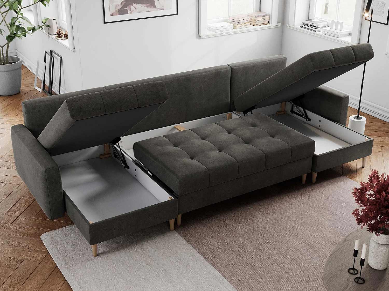 Ecksofa COLIN U mit Bettfunktion - skandinavisches design, lose Kissen - Dunkelgrau Velvet