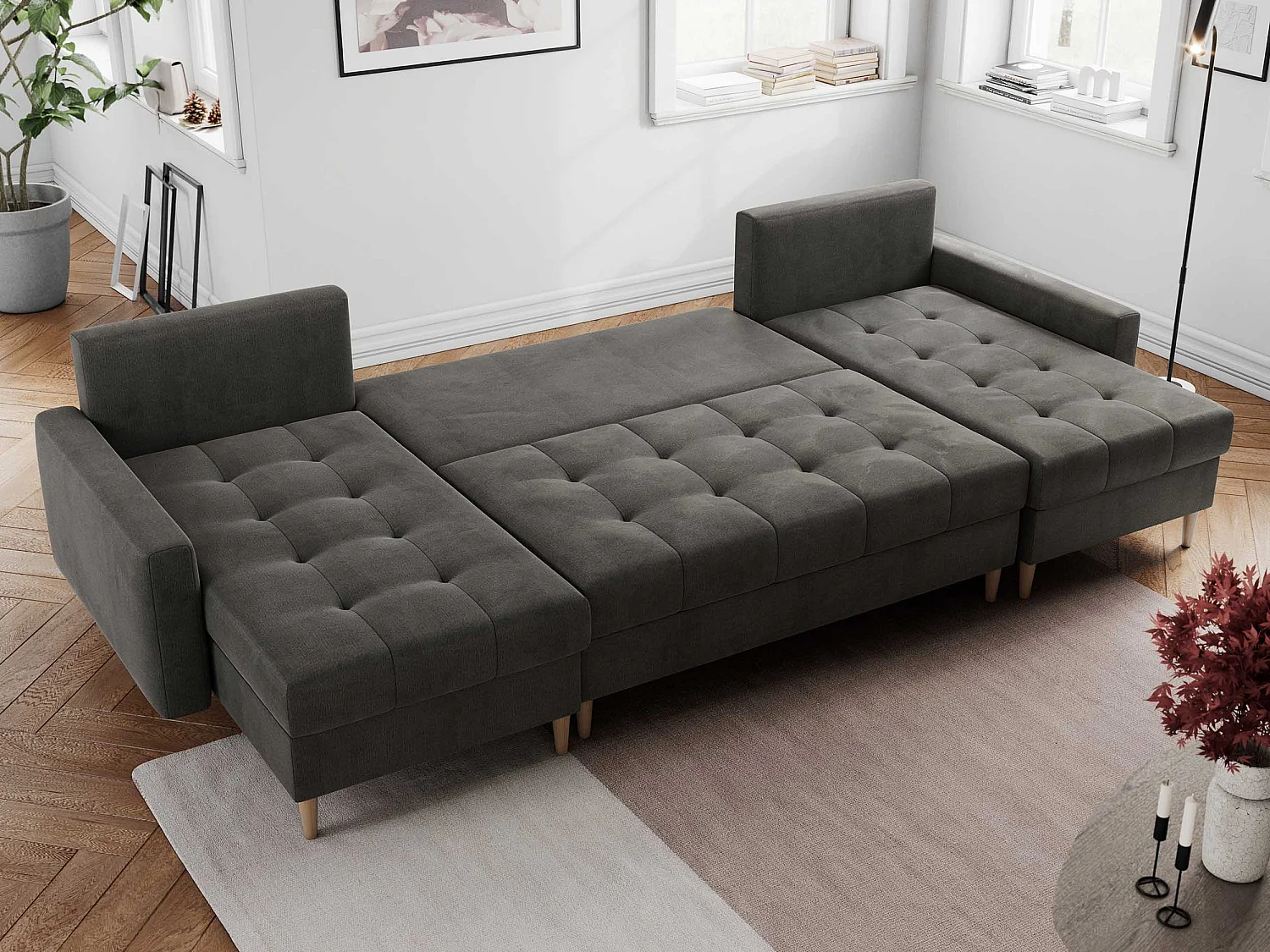 Ecksofa COLIN U mit Bettfunktion - skandinavisches design, lose Kissen - Dunkelgrau Velvet