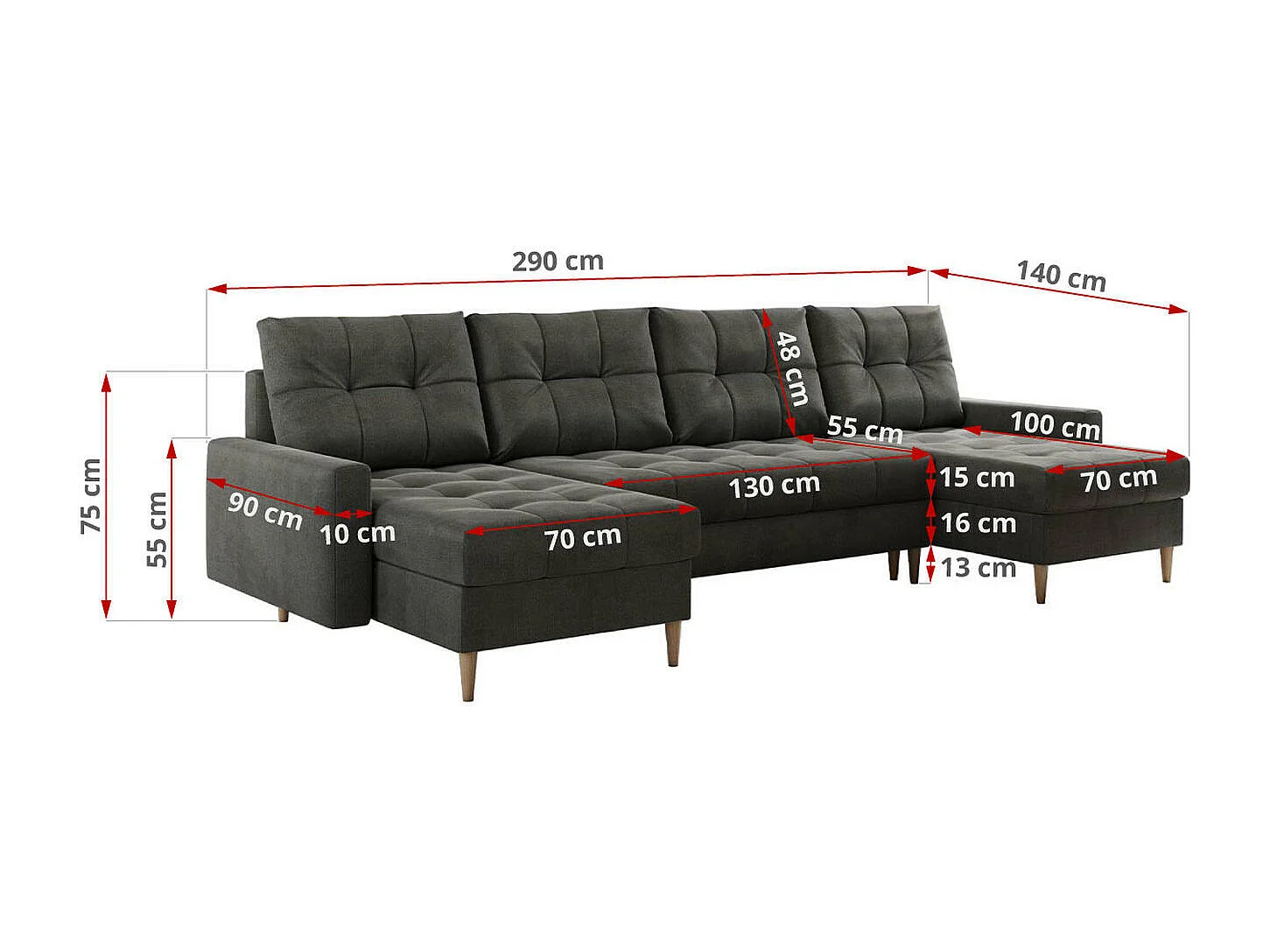 Ecksofa COLIN U mit Bettfunktion - skandinavisches design, lose Kissen - Dunkelgrau Velvet