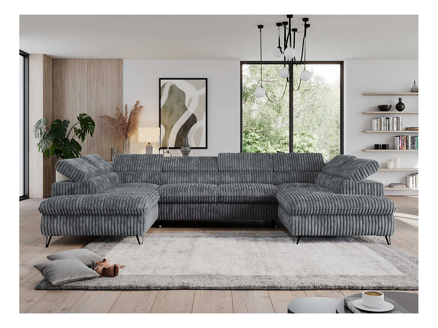 Ecksofa PEDRO U - XXL U-förmige Ecke, schlaffunktion und Bettkästen - Dunkelgrau Cord