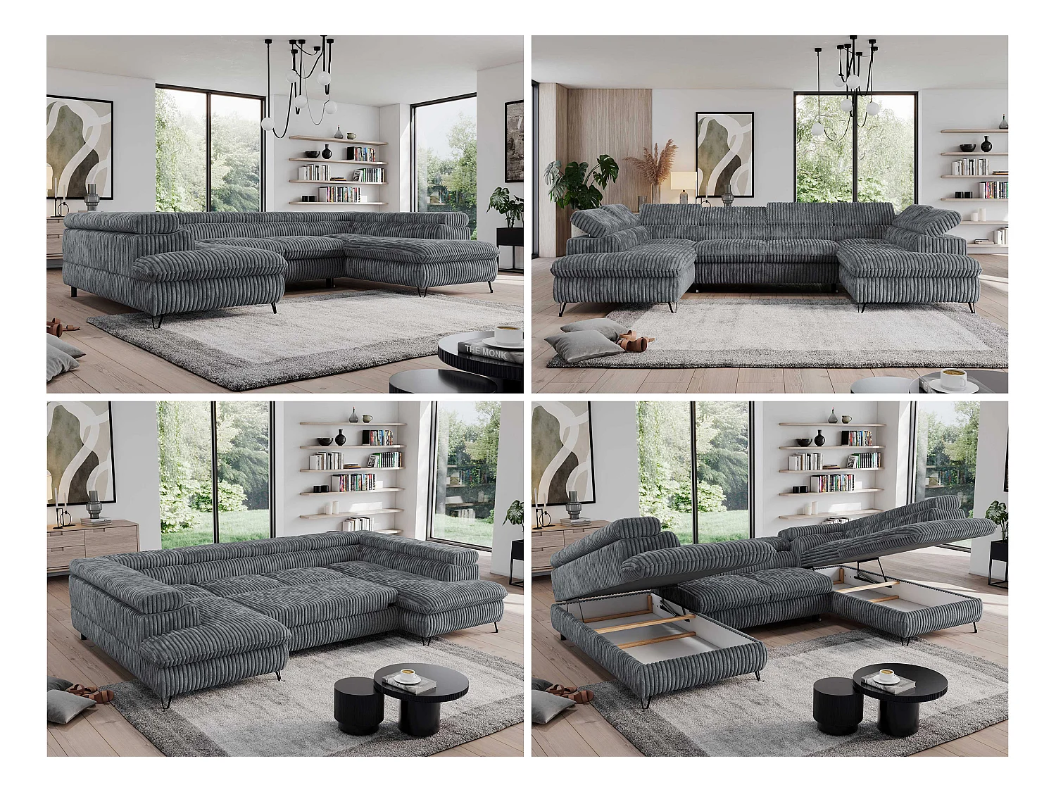 Ecksofa PEDRO U - XXL U-förmige Ecke, schlaffunktion und Bettkästen - Dunkelgrau Cord