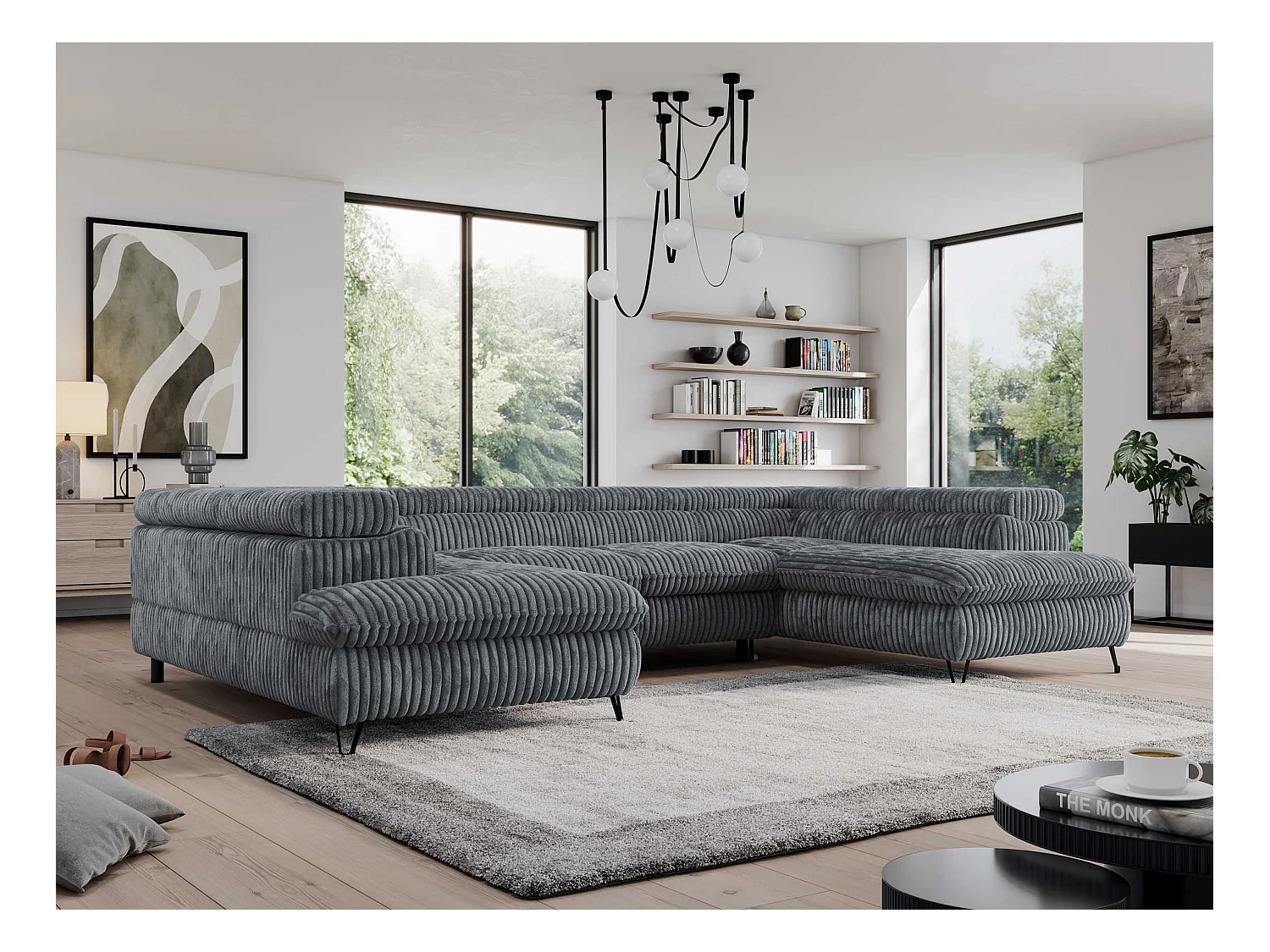 Ecksofa PEDRO U - XXL U-förmige Ecke, schlaffunktion und Bettkästen - Dunkelgrau Cord