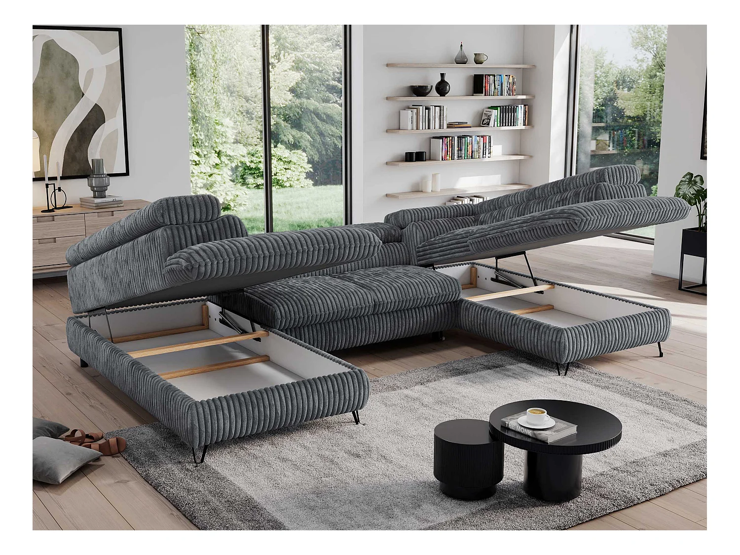 Ecksofa PEDRO U - XXL U-förmige Ecke, schlaffunktion und Bettkästen - Dunkelgrau Cord