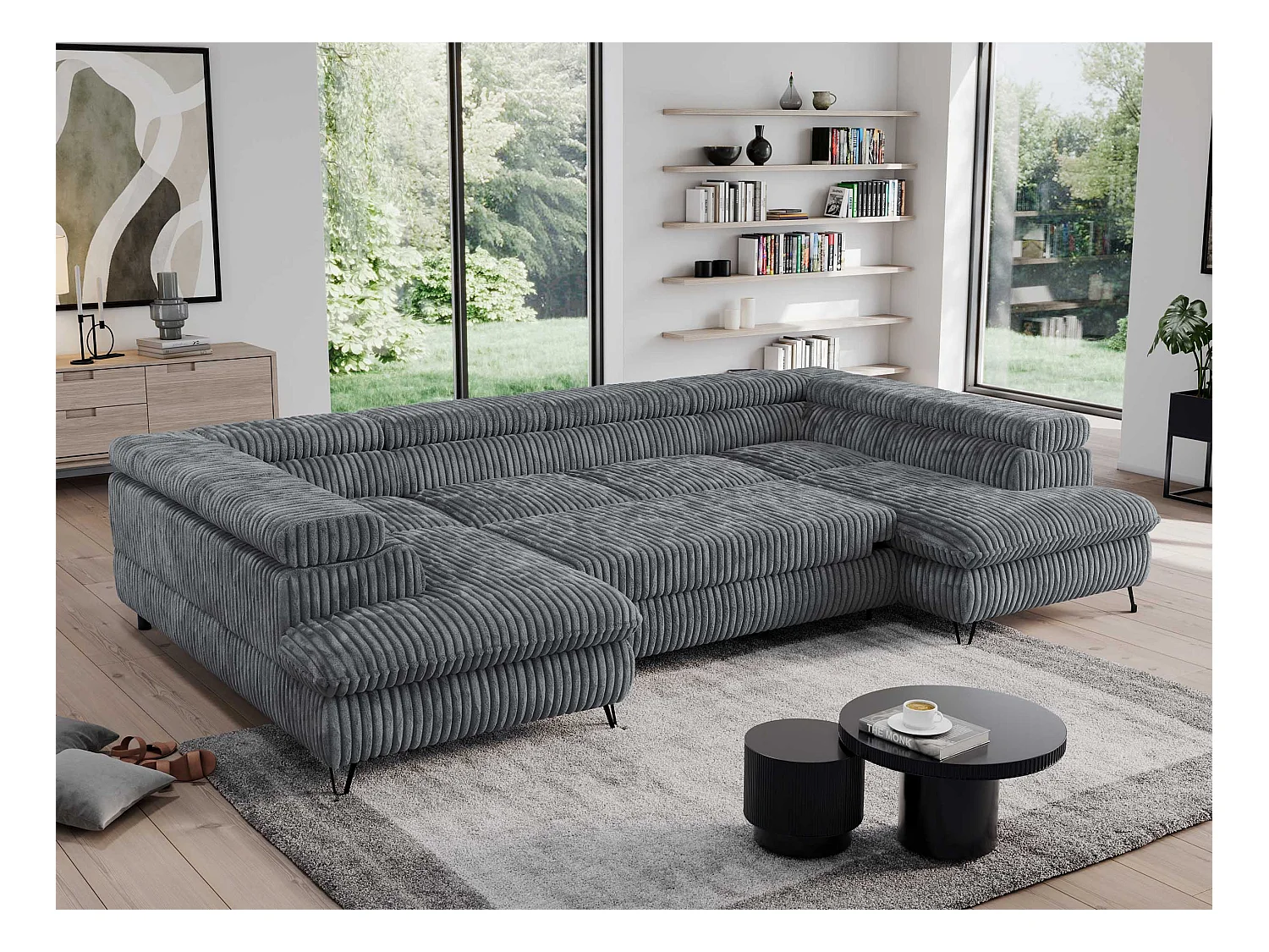 Ecksofa PEDRO U - XXL U-förmige Ecke, schlaffunktion und Bettkästen - Dunkelgrau Cord