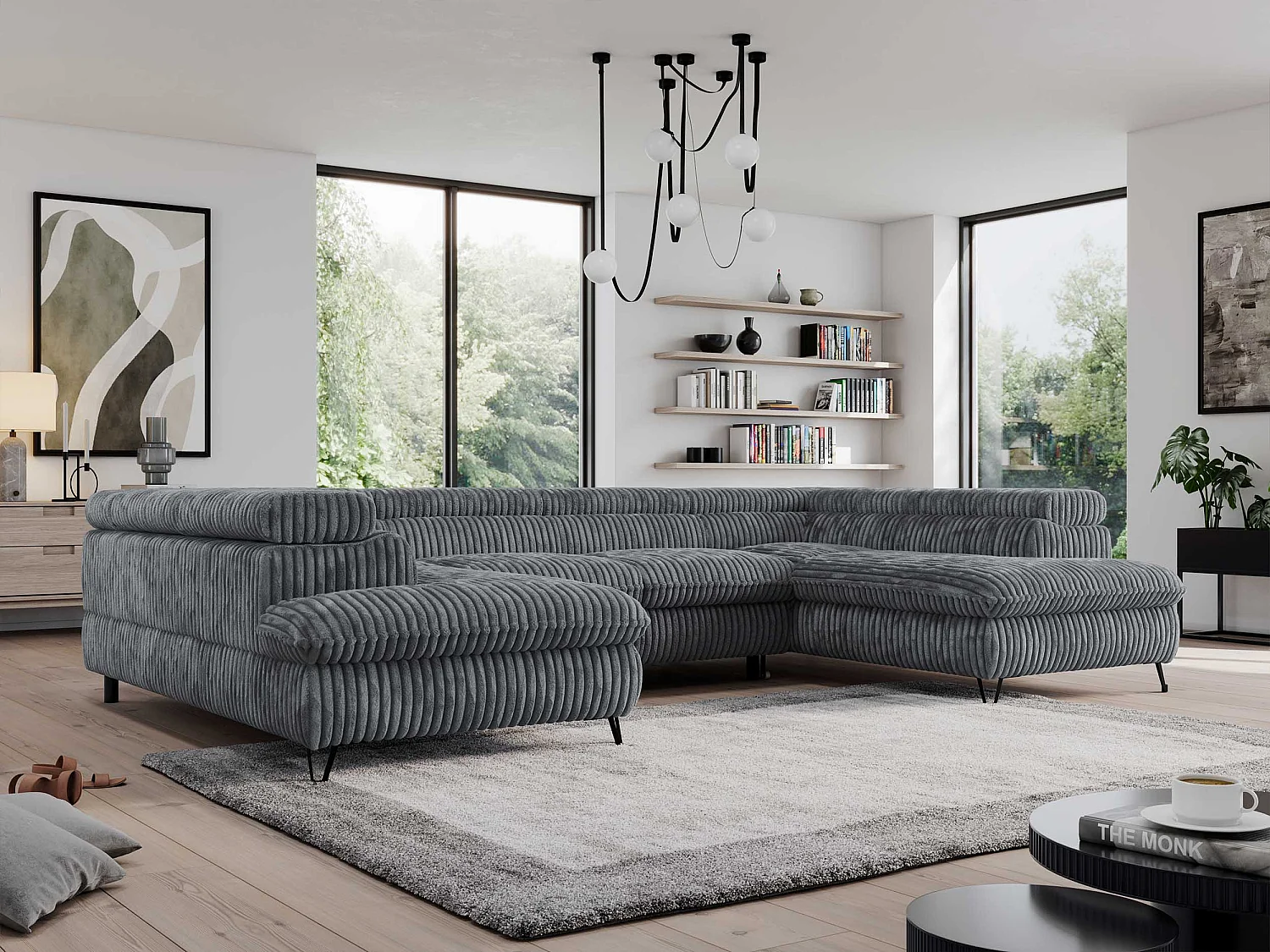 Ecksofa PEDRO U - XXL U-förmige Ecke, schlaffunktion und Bettkästen - Dunkelgrau Cord