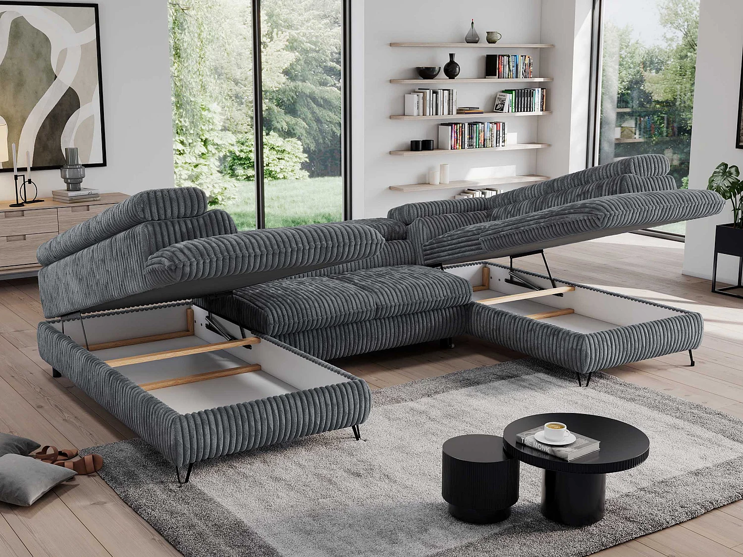 Ecksofa PEDRO U - XXL U-förmige Ecke, schlaffunktion und Bettkästen - Dunkelgrau Cord