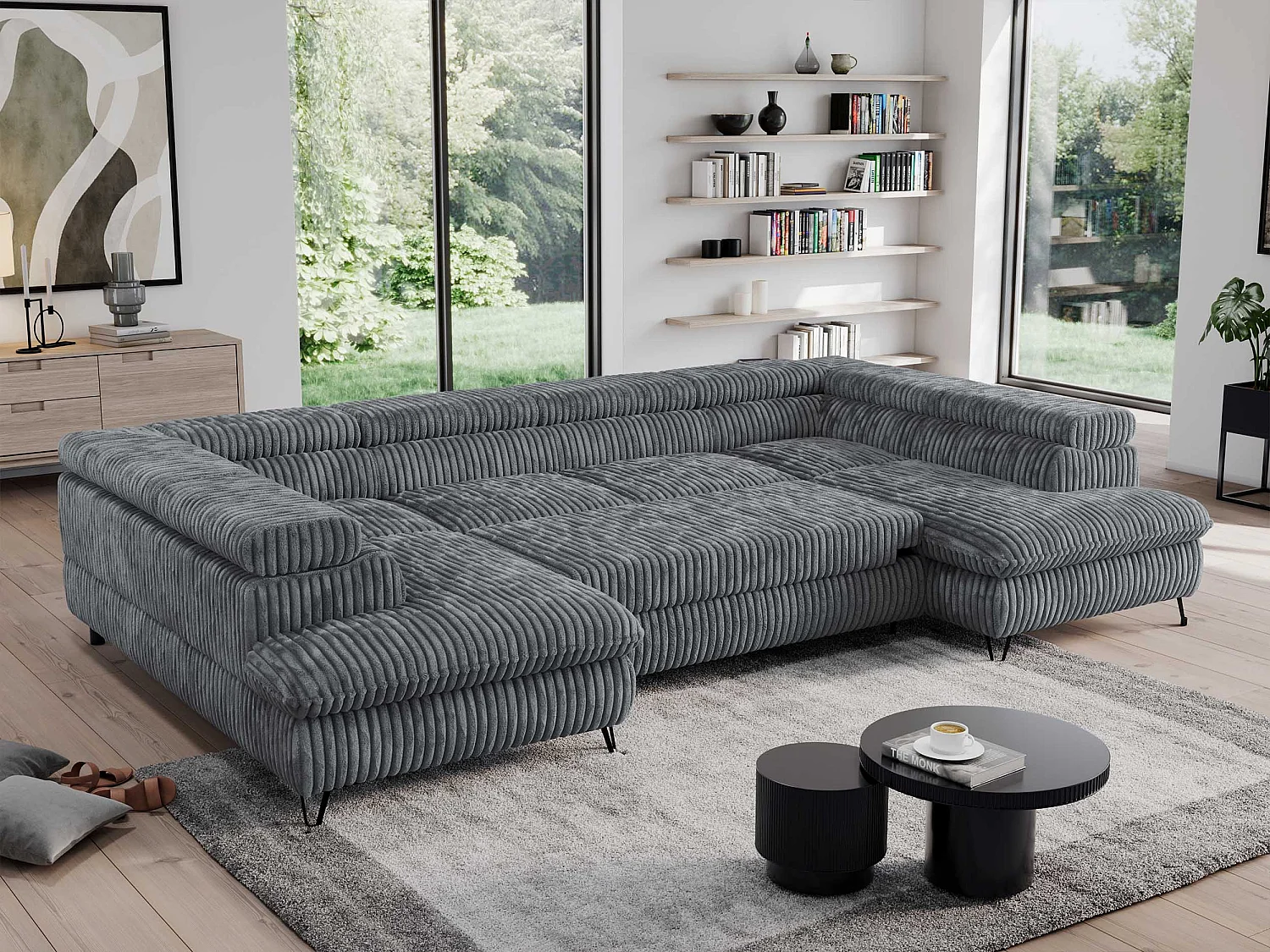 Ecksofa PEDRO U - XXL U-förmige Ecke, schlaffunktion und Bettkästen - Dunkelgrau Cord