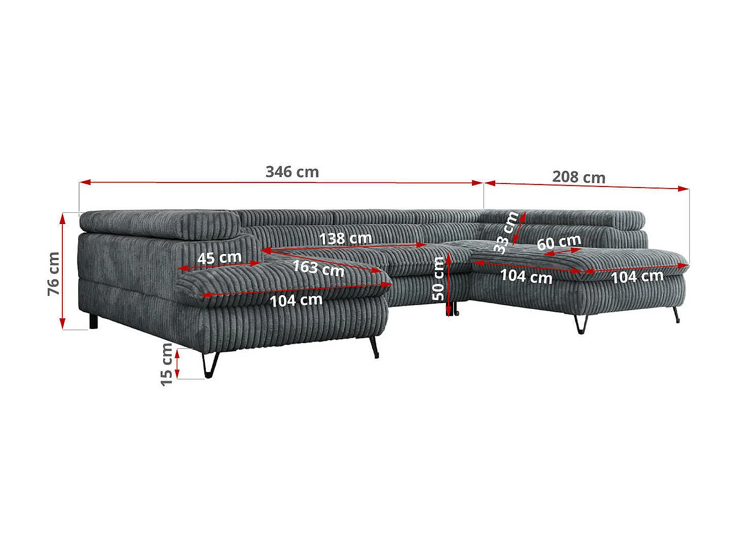 Ecksofa PEDRO U - XXL U-förmige Ecke, schlaffunktion und Bettkästen - Dunkelgrau Cord