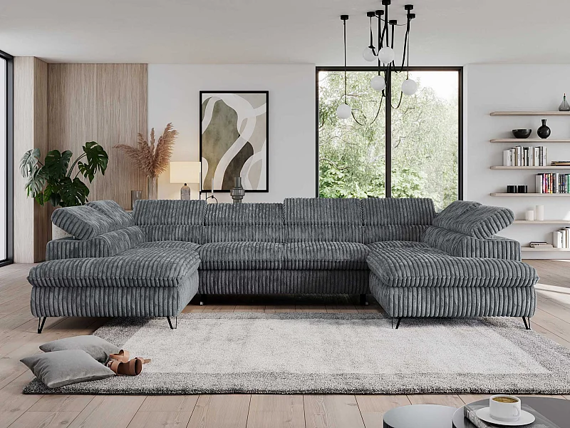 Ecksofa PEDRO U - XXL U-förmige Ecke, schlaffunktion und Bettkästen - Dunkelgrau Cord
