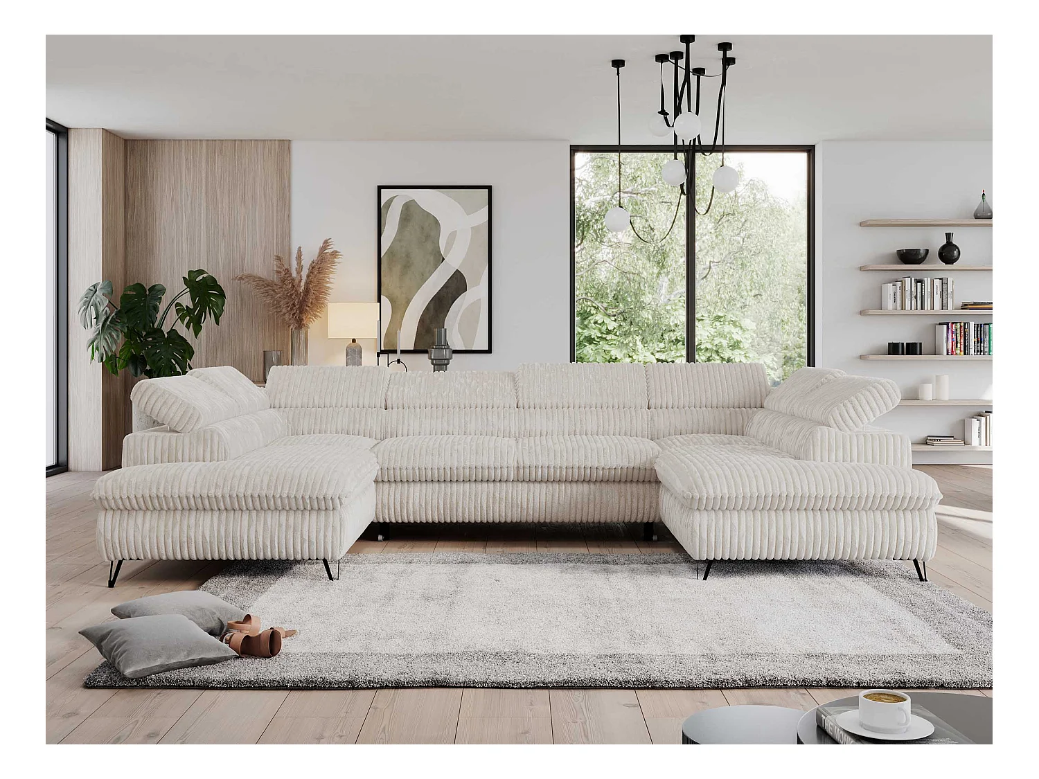 Ecksofa PEDRO U - XXL U-förmige Ecke, schlaffunktion und Bettkästen - Creme Cord